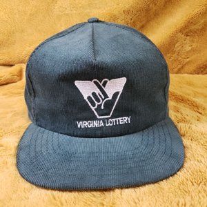 Vintage Virginia Lottery Corduroy Green hat leather strap back made in USA